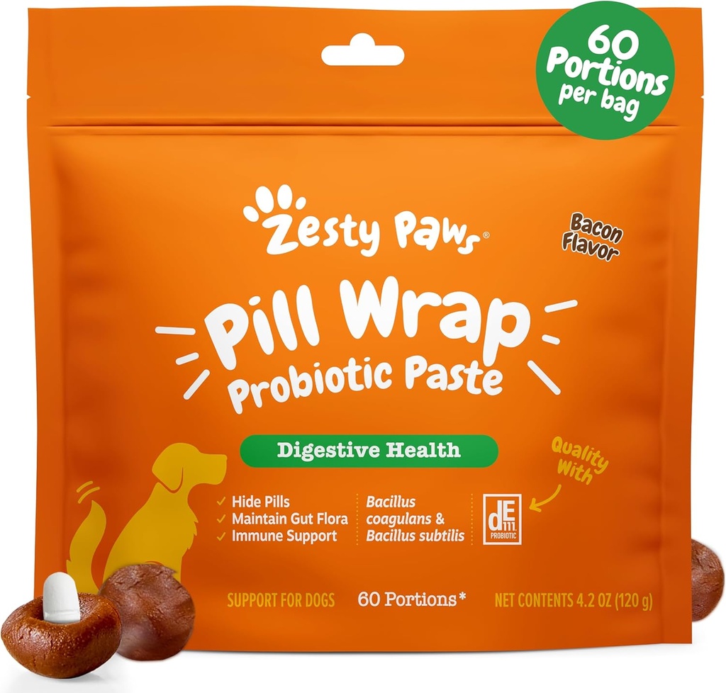 Pois Zesty Paws Pill Wrap Probiotic Paste pour chiens - Système immunitaire et digestif - Bacon Flavor - avec DE111 Bacillus subtilis - Poches Toute pilule, Comprimé et Capsule pour votre chien - 4.2oz - 60 Portions