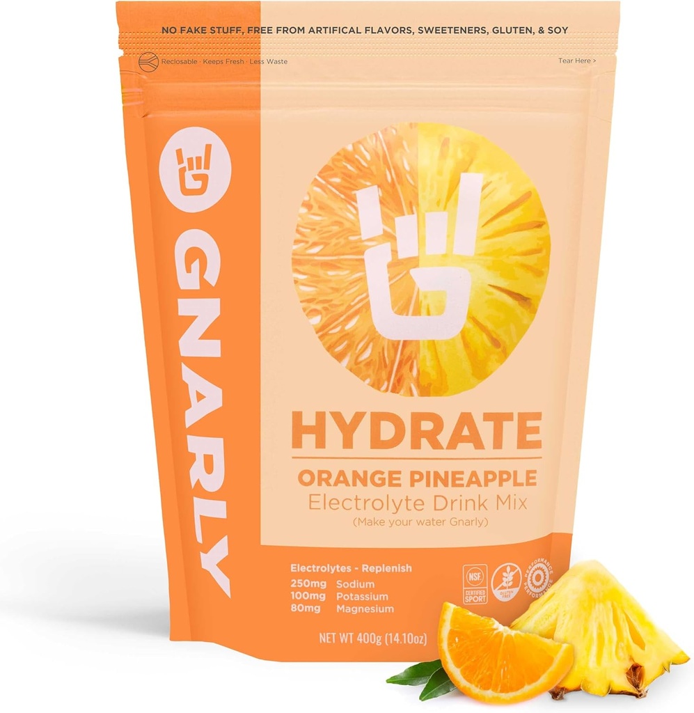 Gnarly Nutrition Hydrate Poudre d'électrolyte – Mélange de boisson d'hydratation d'exercice d'ananas orange – Certifié NSF Sport – Solution d'électrolyte, Performance et Récupération – Ananas orange, 14.10 oz