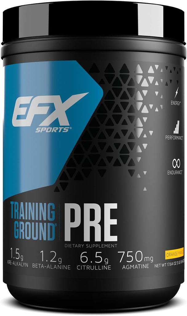 EFX Sports Training Ground Pre Workout Powder | Energy & Muscle Pumps | with Hydromax Glycerol, Citrulline, Beta Alanine | 300mg Caffeine | 20 Servings (Orange Mango)