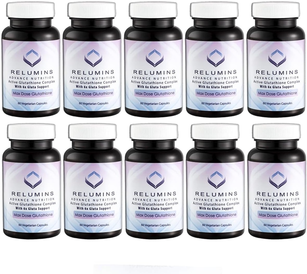 Relumins Advance White Active Glutathion Complex - Max Dose 900mg Glutathion avec 6X Boosters, ALA & NAC - Supplément anti-Aging de la peau - 60 capsules x 10 bouteilles