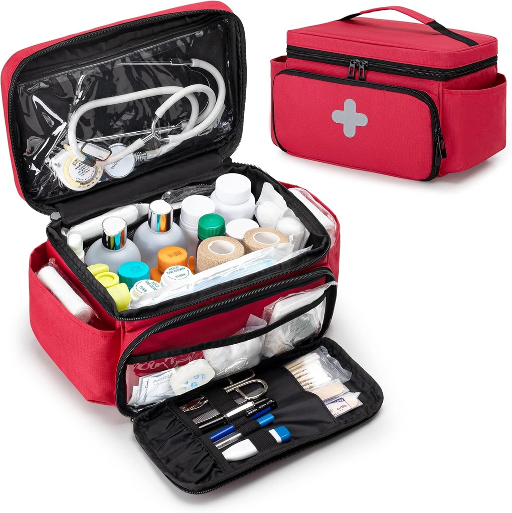 CURMIO Petit sac de rangement en médecine vide, boîte de premiers soins de la famille, organisateur de bouteilles de pilules pour les fournitures médicales d'urgence, rouge (Bag seulement, brevet en attente)