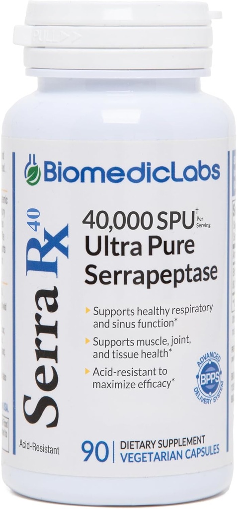 Serra-RX 40,000 SPU Serrapeptase - Enzyme protéolytique systémique résistant à l'acide, non-OGM, sans gluten, végétalien, 90 gélules