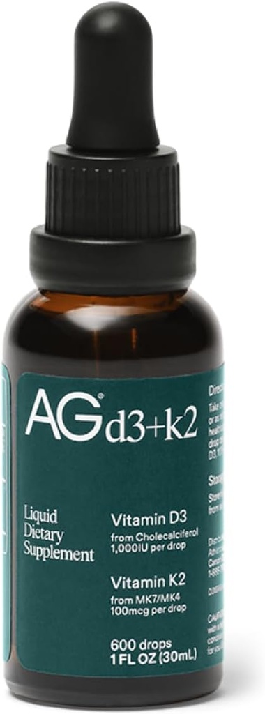 AG1 Vitamine D3 K2 gouttes, 1000UI de vitamine D3 et 100mcg de K2 par portion, soutient la densité osseuse et l'absorption de calcium (verts athlétiques)