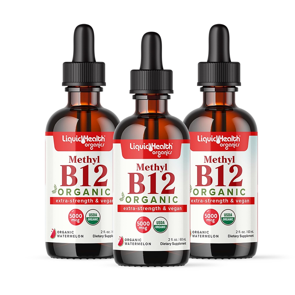 LIQUIDHEALTH USDA Méthyl Vitamine biologique B12 méthylcobalamine gouttes liquides avec jus de cerise de tart - Boost Energy, Immune Support, Amélior Memory & Concentration - USA Made, Vegan, Non-OGM (3 Pack)