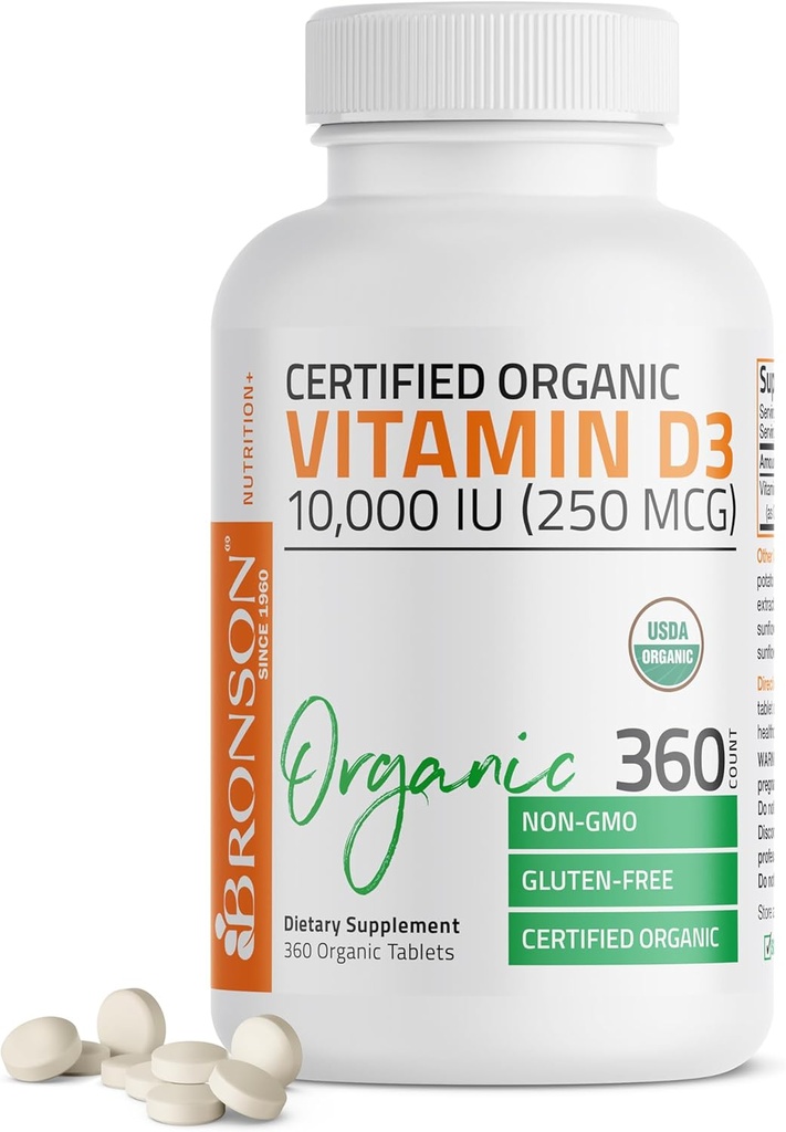Bronson Vitamine D3 10 000 UI (250 mcg) Supplément biologique à haute puissance non-OGM Vitamine D certifié, 360 comprimés