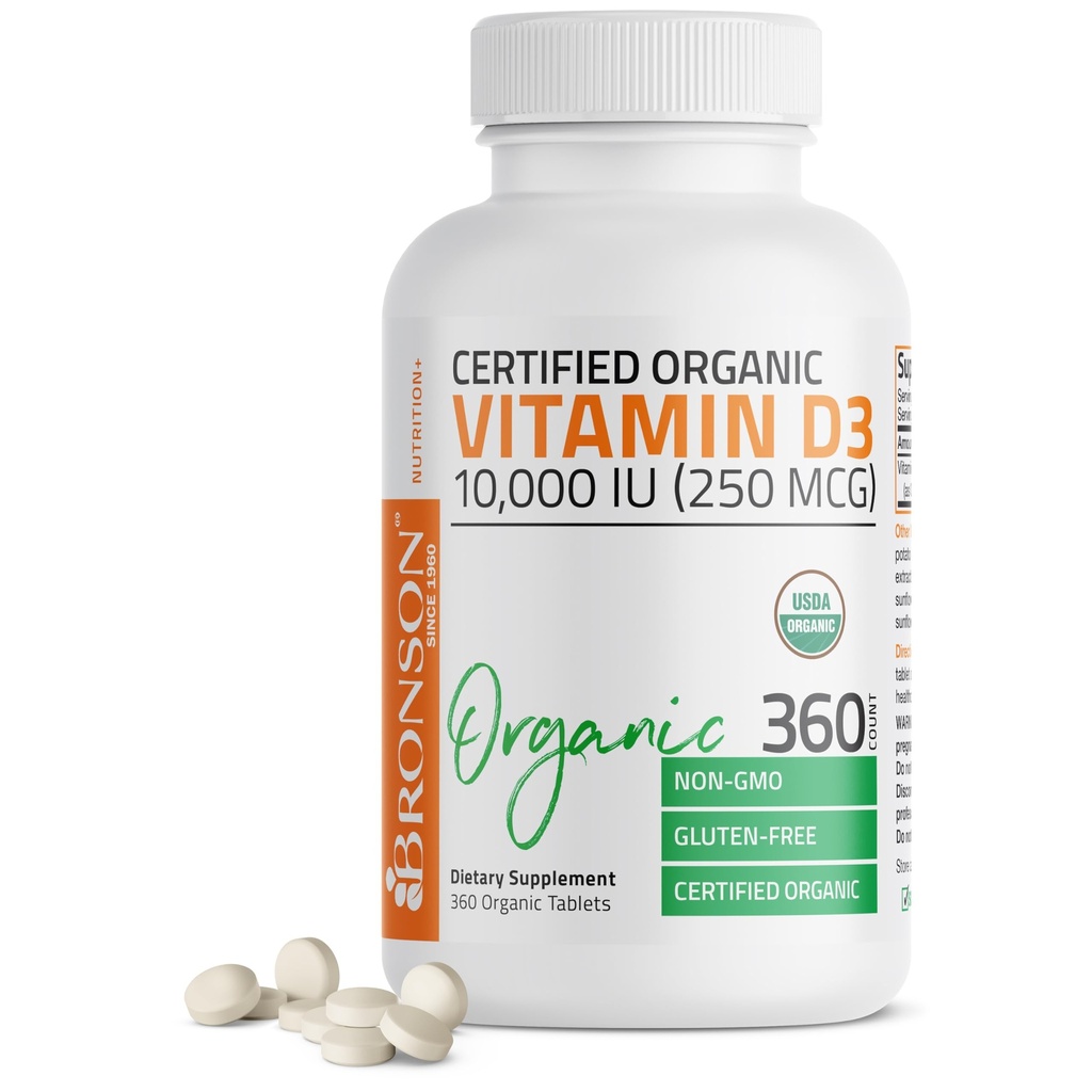 Bronson Vitamine D3 10 000 UI (250 mcg) Supplément biologique à haute puissance non-OGM Vitamine D certifié, 360 comprimés