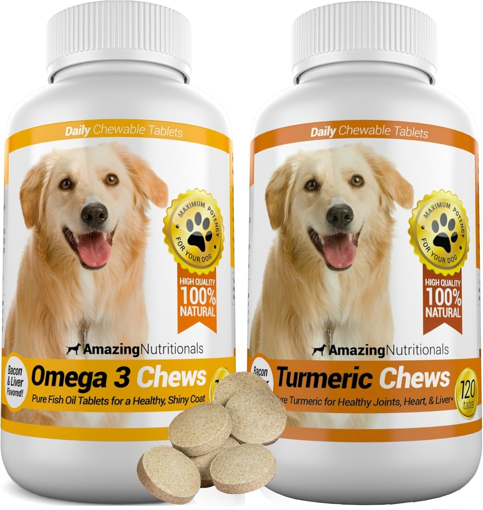 Incroyable Combo Omega-3 Huile de poisson et curcumine curcumine curcuma pour chiens - Antioxydants pour animaux de compagnie purs tout-naturels - favorise l'enrobage brillant, la santé du cerveau, élimine la douleur articulaire, 120 Chews savoureux x 2