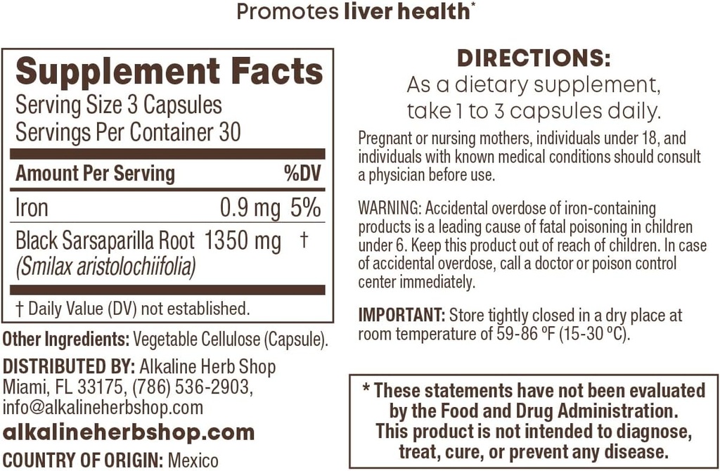 Alkaline Herb Store Black Sarsaparilla Supplément 90 Capsules