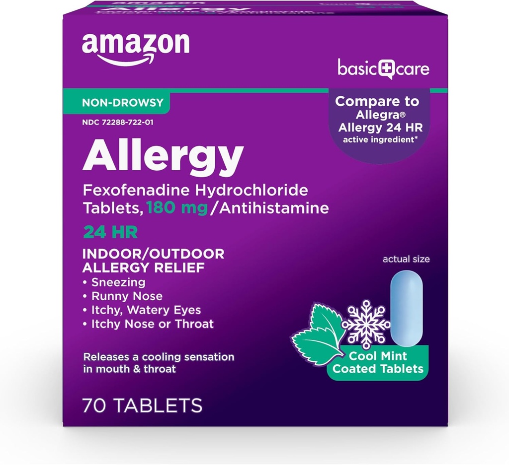 Amazon Basic Care Allergy Relief, 24 Hour, Fexofenadine Hydrochloride 180 mg, Non-Drowsy Antihistamine, Cool Mint Coated Tablets, 70 Count