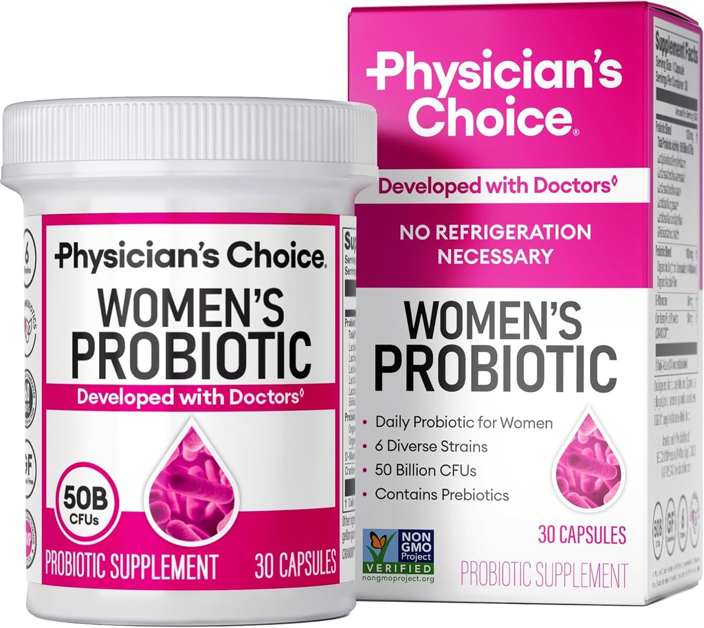 CHOIX du médecin Probiotiques pour les femmes - PH Balance, Digestion, UT et santé féminine - 50 milliards CFU - 6 souches uniques pour elle - Prébiotiques organiques, Extrait de canneberge+ - Probiotiques pour les femmes - 30 CT