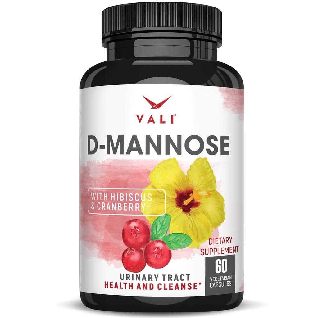 VALI D-Mannose 1000mg Formule de Santé Urinaire Tract. Poudre de fruits de canneberge biologique et Hibiscus. Bardière saine, nettoyage naturel, flush de désintoxication rapide, pilules de soutien de la fonction UT à base de plantes. 60 Capsules de Veggie