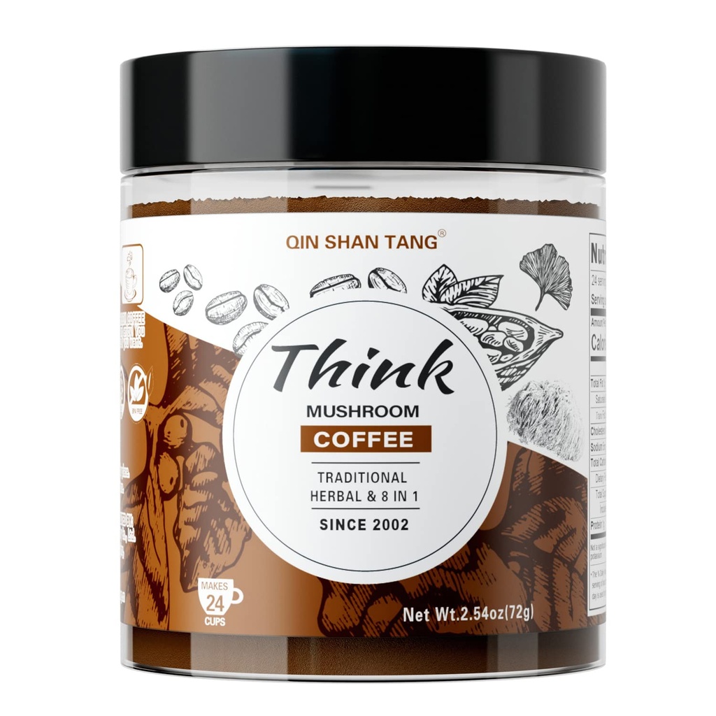 QIN SHAN TANG Café de champignons pour cerveau et focus, formule traditionnelle, avec Lion's Mane, Ginkgo, Alpha-GPC, Bacopa, PS, L-Theanine, 24 portions