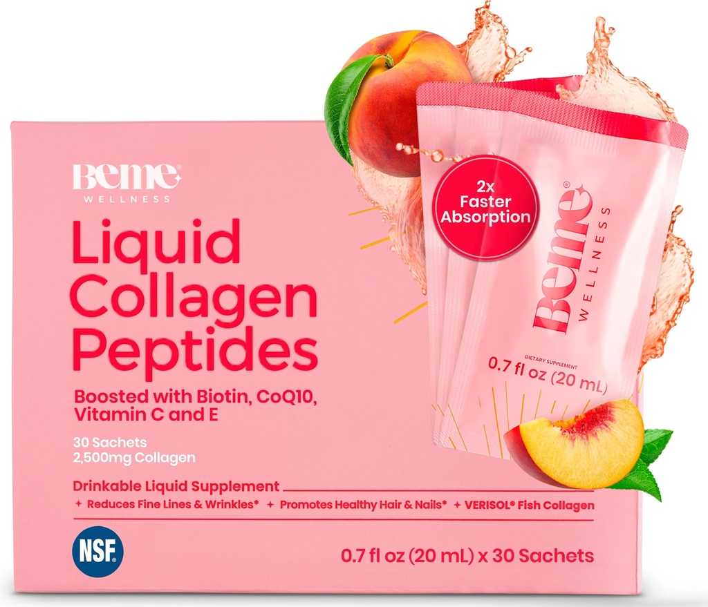 Peptide de collagène liquide BeMe BeRadiant pour cheveux, peau et ongles avec absorption plus rapide 2X – testé cliniquement – suppléments de collagène hydrolysé Verisol® de 2500mg pour les femmes avec biotine, CoQ10 et vitamine C