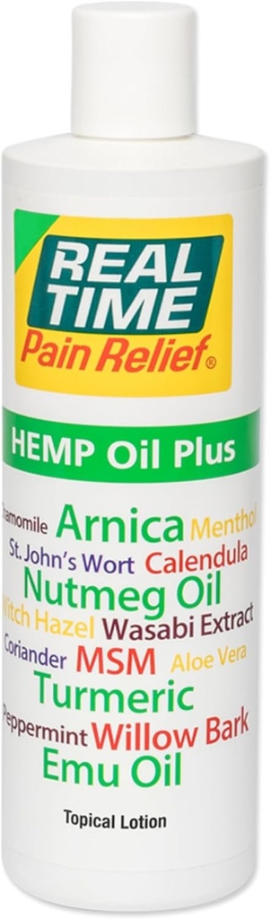 Huile de chanvre de soulagement de la douleur en temps réel Plus - 16oz bouteille de formule avancée avec huile de chanvre et 19 ingrédients naturels.