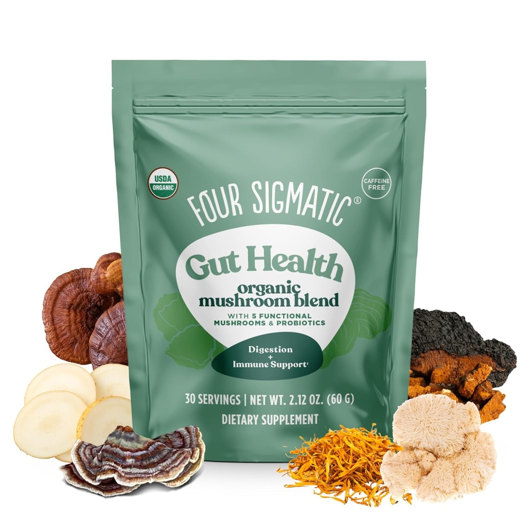 Four Sigmatic Gut Health Mushroom Blend | Organic Mushroom Powder Complex with Turkey Tail, Lion’s Mane, Cordyceps, Chaga, Probiotics and More | Natural Immune Support Supplement | 30 Servings