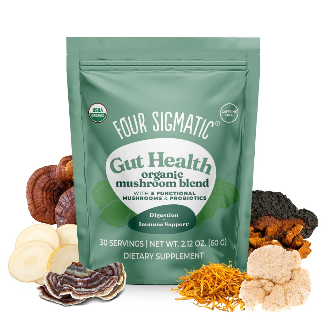 Four Sigmatic Gut Health Mushroom Blend.Complexe en poudre de champignons biologiques avec la queue de dinde, la crinière de Lion, Cordyceps, Chaga, Probiotiques et plus.