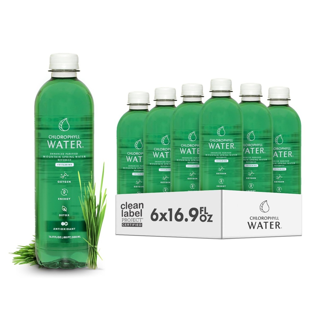 Chlorophyll Water (6-pack) Certified Clean Label, Chlorophyll Liquid Drops in Purified Water, Beauty Drink for Glowing Skin, Anti-Aging & Natural Detox with Plant-Based Vitamins A, B12, C, D3 (16.9oz)
