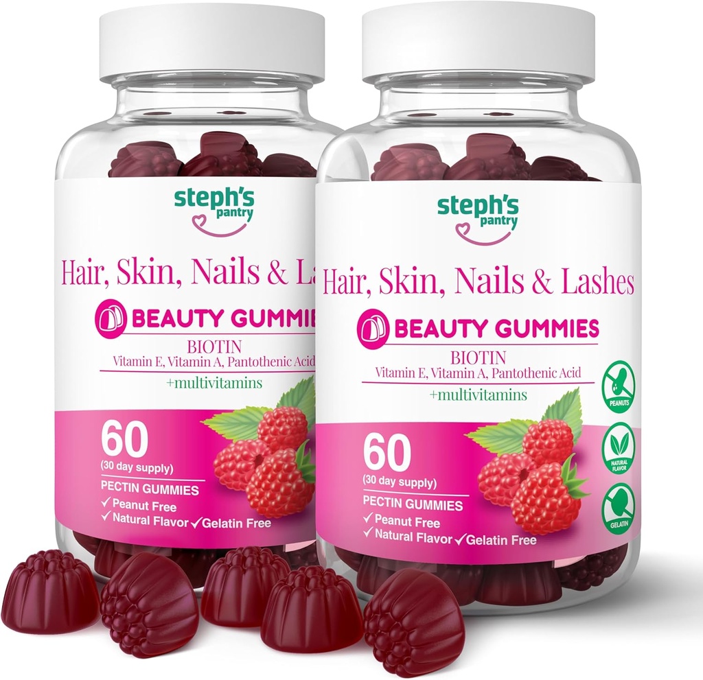 Steph's Pantry Biotin Gummies for Hair, Skin, Nails, & Lashes High Strength Gummies | Daily Multivitamins | Gluten-Free, Nut-Free, Non-GMO, Plant-Based, Vegan, Kosher (120 Gummies)