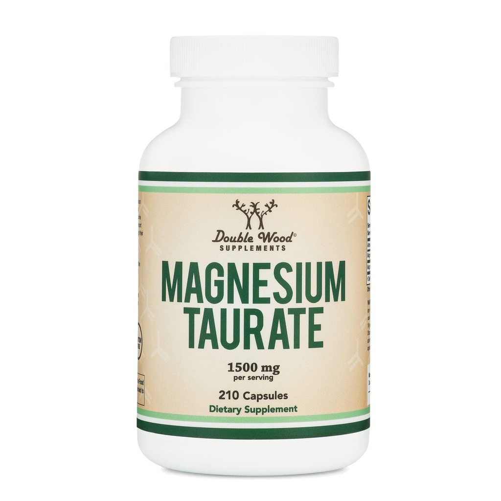 Supplément de Taurate de magnésium pour la santé cardiovasculaire pour augmenter les niveaux de magnésium (1 500mg par portion, 210 gélules véganes) Non-OGM, sans gluten, par les suppléments de bois double
