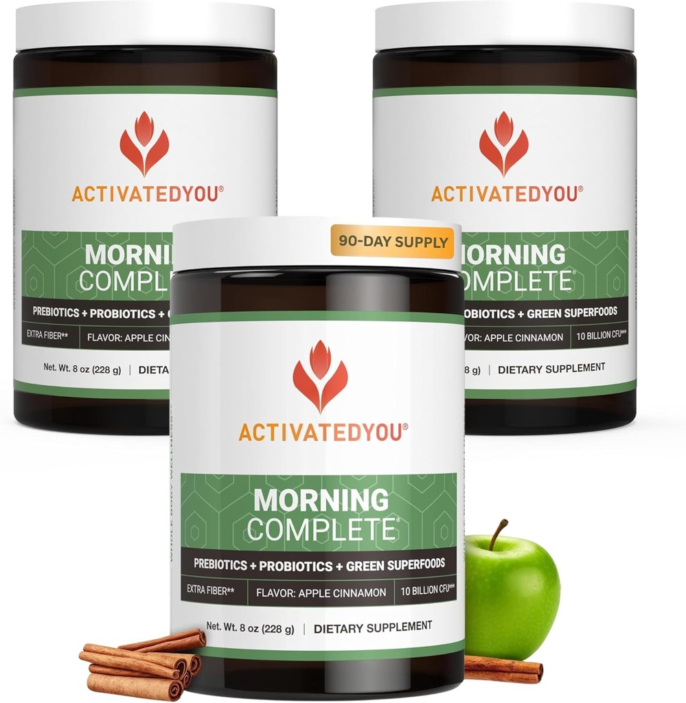 ACTIVATEDYOU Matin Complete Daily Wellness Greens Superfood Drink Mix for Gut Health w/Prebiotiques, Probiotiques, Antioxydants, Green Superfoods, 10 milliards d'UFC (3 pack, pomme cannelle)