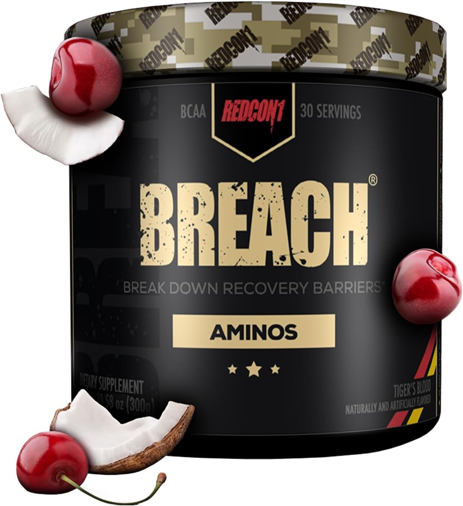 REDCON1 Breach BCAAs, sang de tigre - Keto Friendly + sucre sans acides aminés essentiels pour la récupération - contient BCAAs L-Leucine, L-Isoleucine et L-Valine (30 portions)