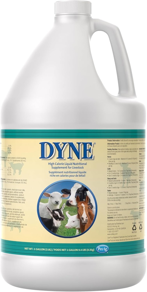 PetAg Dyne supplément nutritionnel liquide à haute calorie pour le bétail - 1 Gallon - Comprend les vitamines ajoutées - Excellent pour les animaux sous-poids, stressés ou récupérant