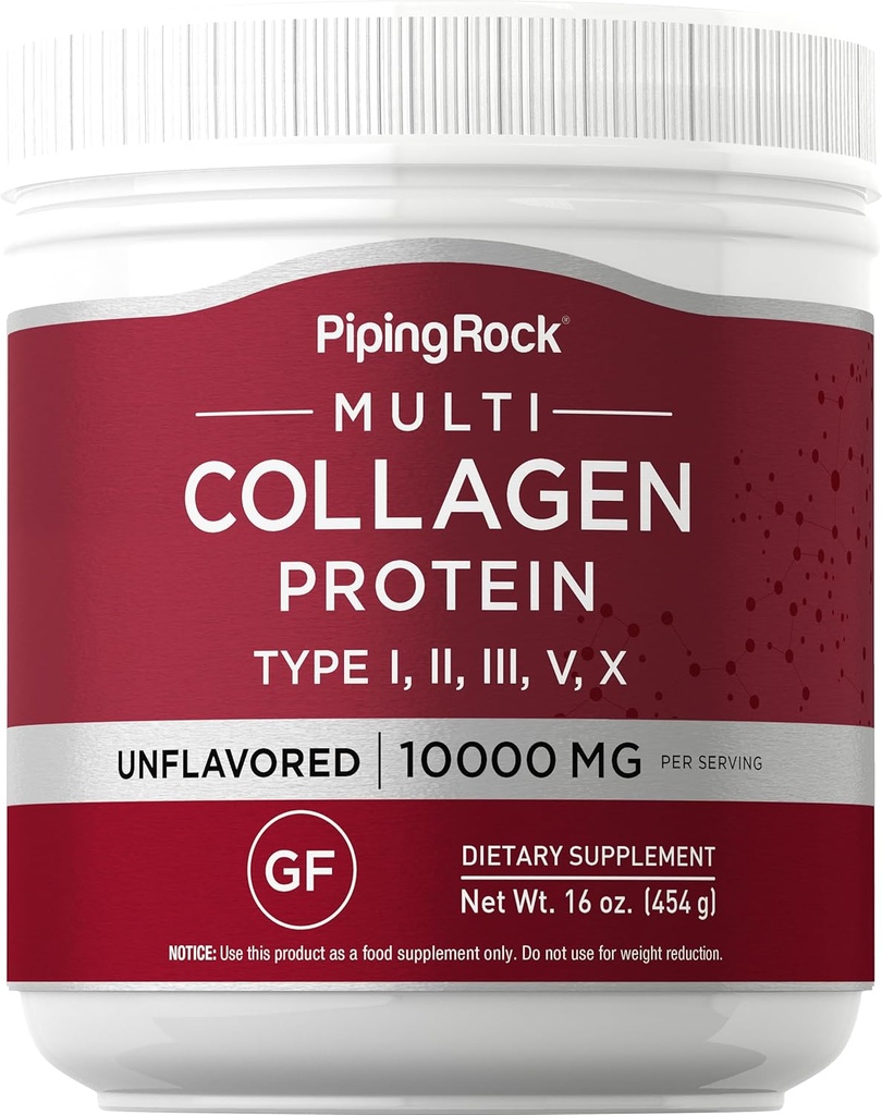 Piping Rock Multi Collagen Protéine Poudre de 16 oz Non aromatisé Type I II III V X. 10000mg Supplément complexe Peptides pour les hommes et les femmes
