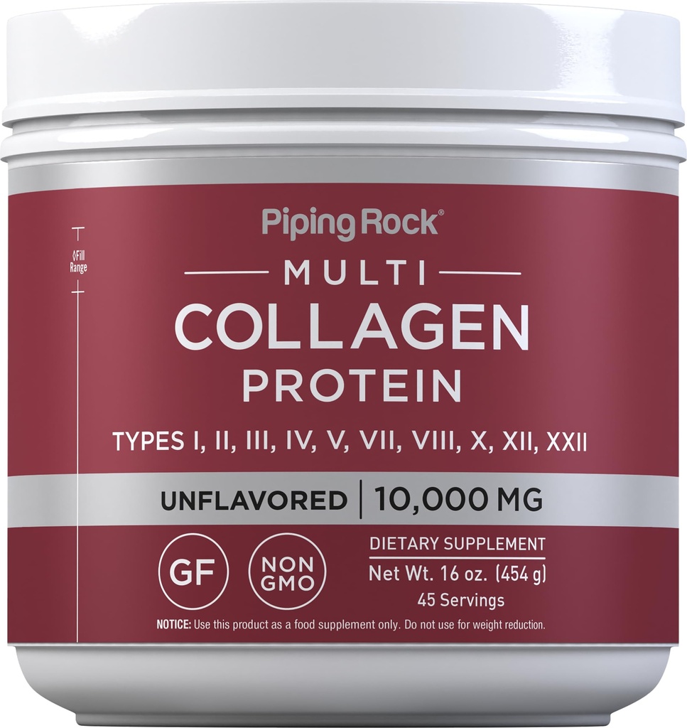 Piping Rock Multi Collagen Protéine Poudre de 16 oz Non aromatisé Type I II III V X. 10000mg Supplément complexe Peptides pour les hommes et les femmes