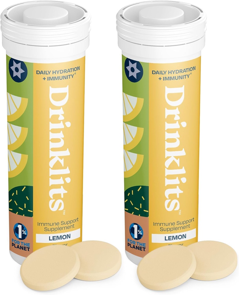 Drinklits Citron Immune Support Comprimés (2) Tube Bundle , Immunité quotidienne - 0g Sucre - Vitamines - Electrolytes - Mélange de plantes , 20 portions – 10 comprimés par tube