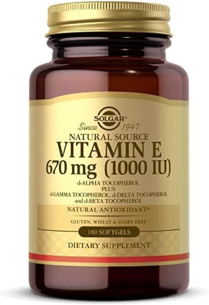 Solgar Vitamine E 670 mg (1000 UI), 180 Softgels - Antioxydant naturel, peau et système immunitaire - Vitamine E d'origine naturelle - Sans gluten, sans lait - 180 portions