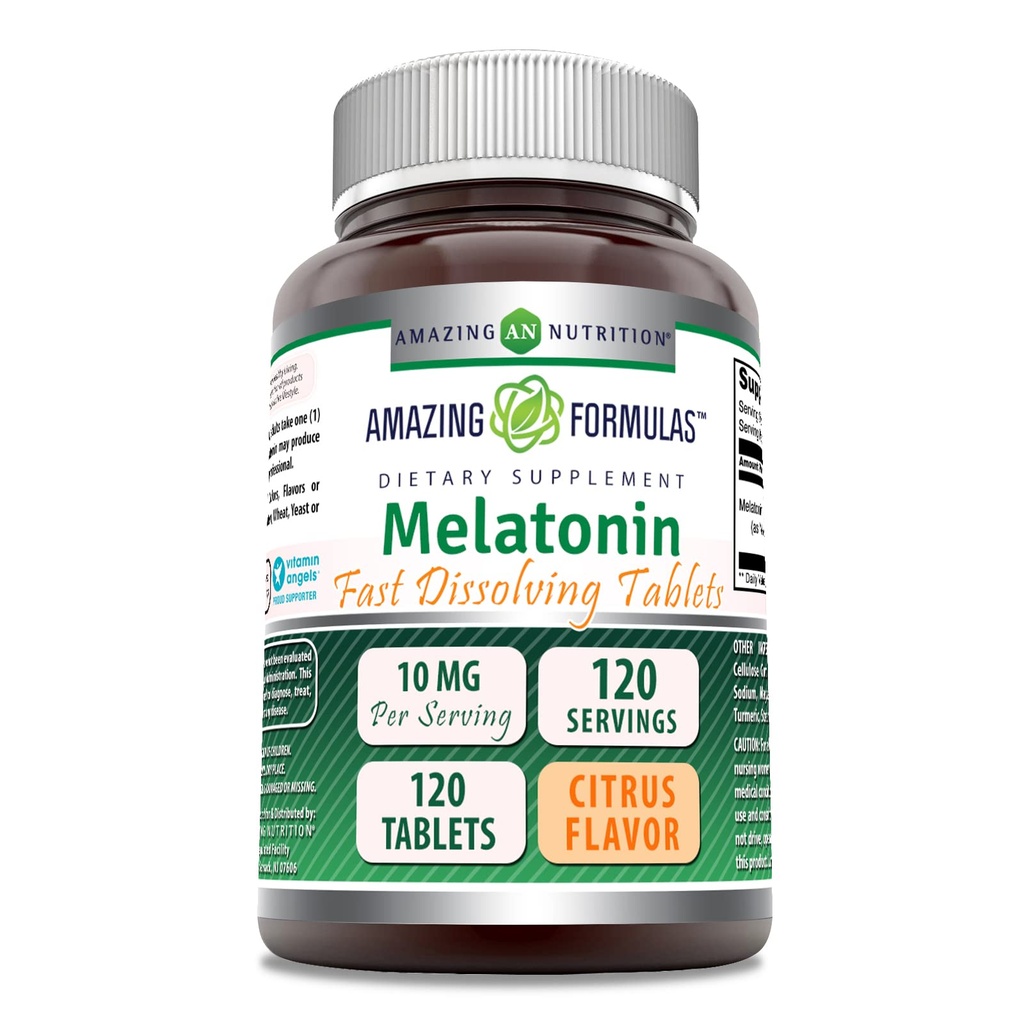 Formules étonnantes Melatonin 10 Mg.com Supplément pour comprimés à dissolution rapide Citrus Flavor.com Non-GMO.com Sans gluten Fabriqué aux États-Unis (1 Pack.com 120 Count)