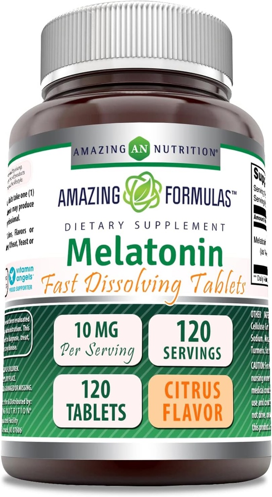 Formules étonnantes Melatonin 10 Mg.com Supplément pour comprimés à dissolution rapide Citrus Flavor.com Non-GMO.com Sans gluten Fabriqué aux États-Unis (1 Pack.com 120 Count)