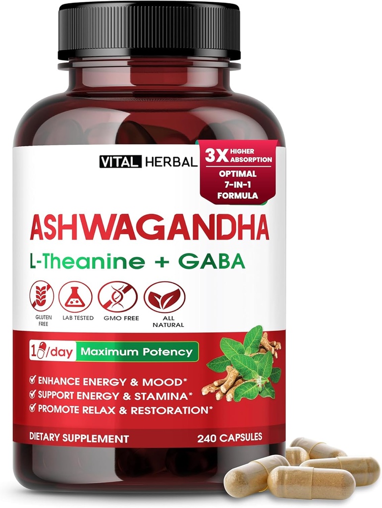 Complexe Ashwagandha avec L-Theanine, Turmeric, Rhodiola & St. John , Wort – Mélange à base de plantes pour le bien-être quotidien – 240 capsules