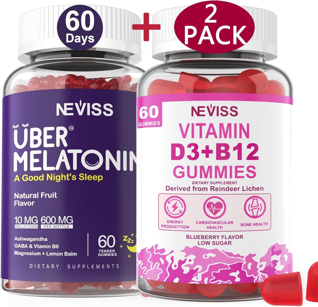 NEVISS Melatonin + Vitamin D3 & B12 Gummies, Vegan, 2+2=4 Pack