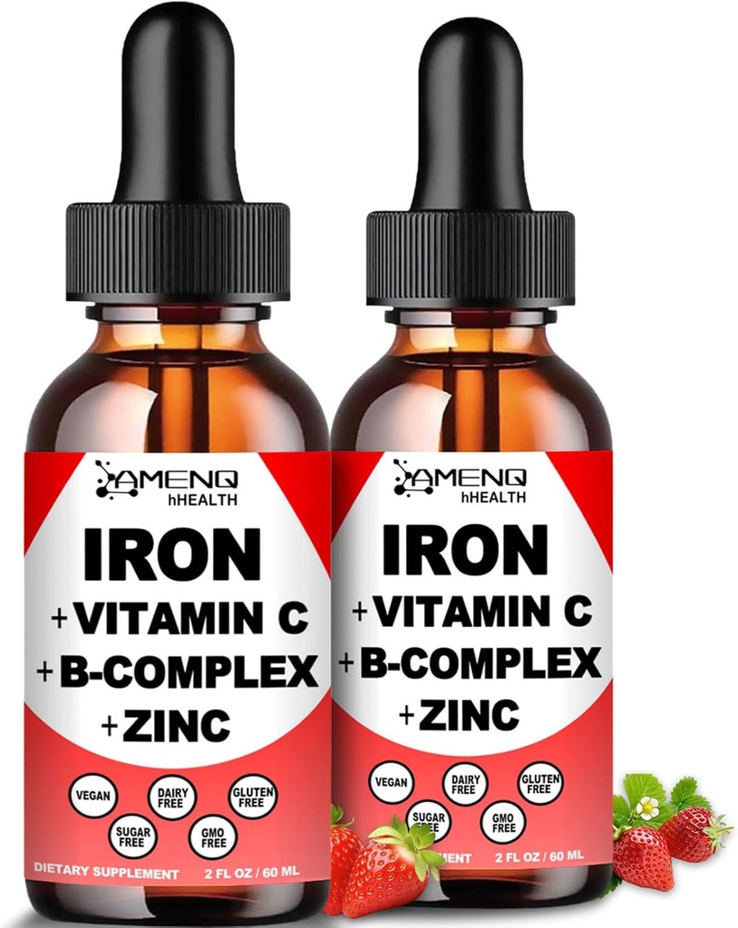 2 Pack de supplément de fer liquide avec vitamine C, A, complexe B, gouttes de fer végétalien Vitamine liquide et suppléments de fer à haute puissance pour les femmes, les hommes et les enfants - soutenir les globules rouges, énergie, anémie et fatigue