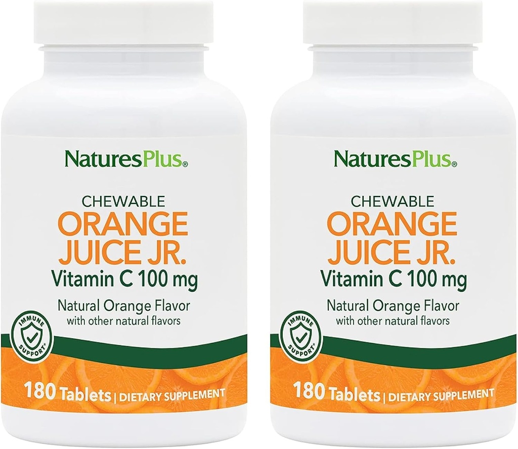 NaturesPlus Jus d'orange Jr. - Boîte de 2, 180 comprimés à croquer - 100 mg de vitamine C - Végétarien, sans gluten - 360 portions totales