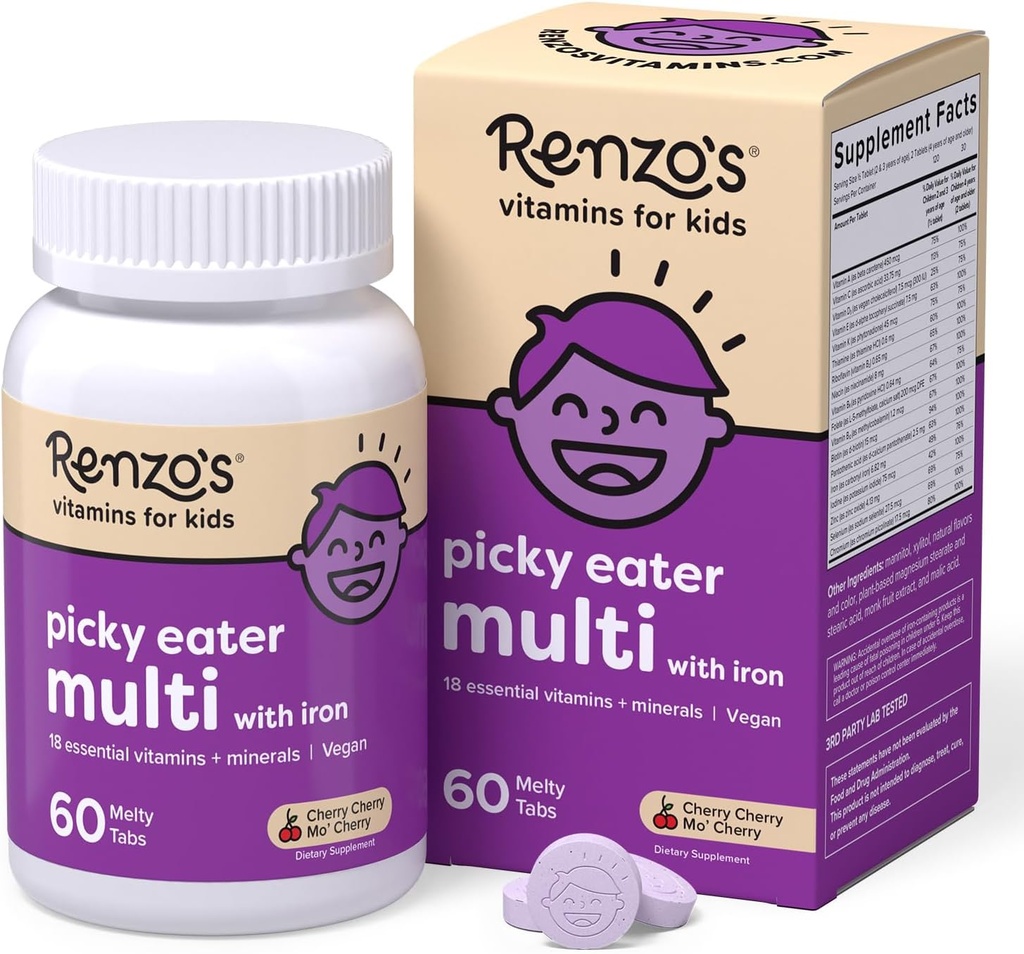 Multivitamines pour enfants de Renzo avec du fer, dissolvant les vitamines pour enfants avec des vitamines D3 et K2 et plus, 60 comprimés sans sucre, cerise Mo.