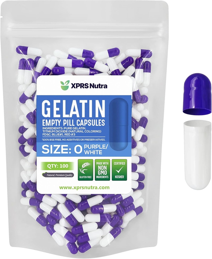 XPRS Nutra Taille 0 Capsules vides - 100 Compte Capsules de gélatine vides - Pills Bricolage Capsule Remplissage - Pure Pilule Gel Caps pour Do-It-Youlf Suppléments (Purple/White)