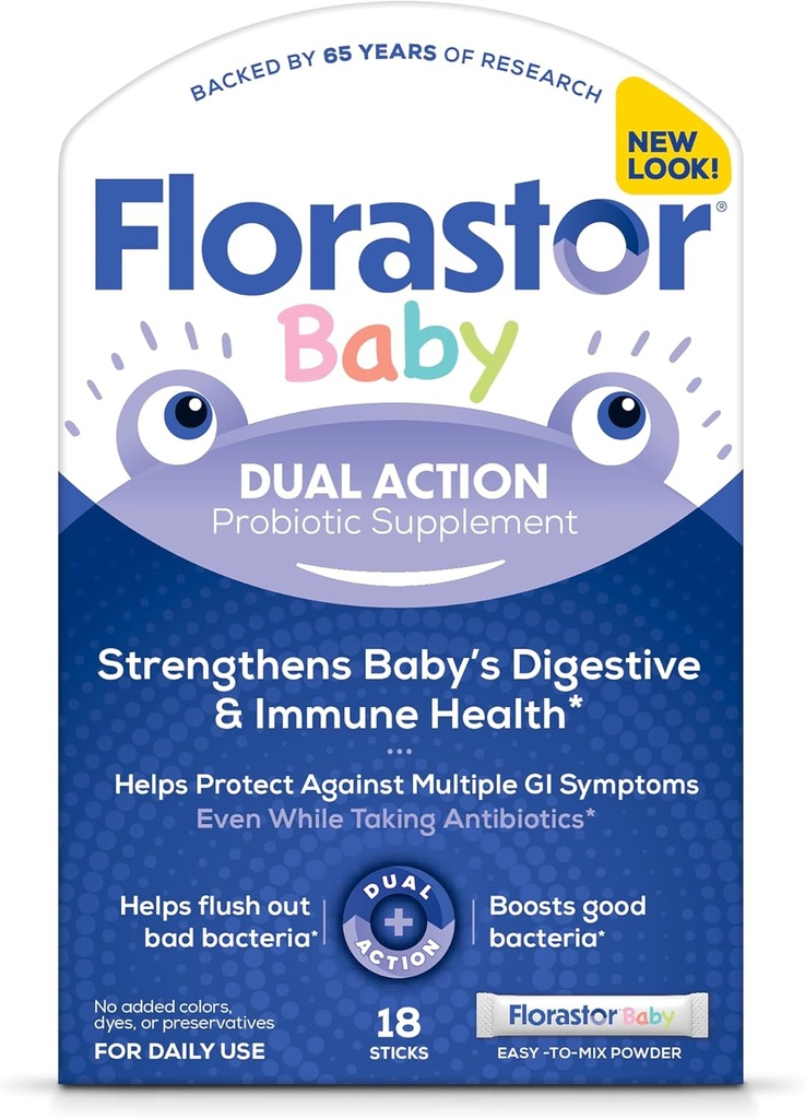 Florastor Supplément probiotique quotidien pour bébé, mélanges de poudre avec du lait, de la formule ou des aliments doux, Saccharomyces Boulardii CNCM I-745 (18 bâtonnets de poudre)