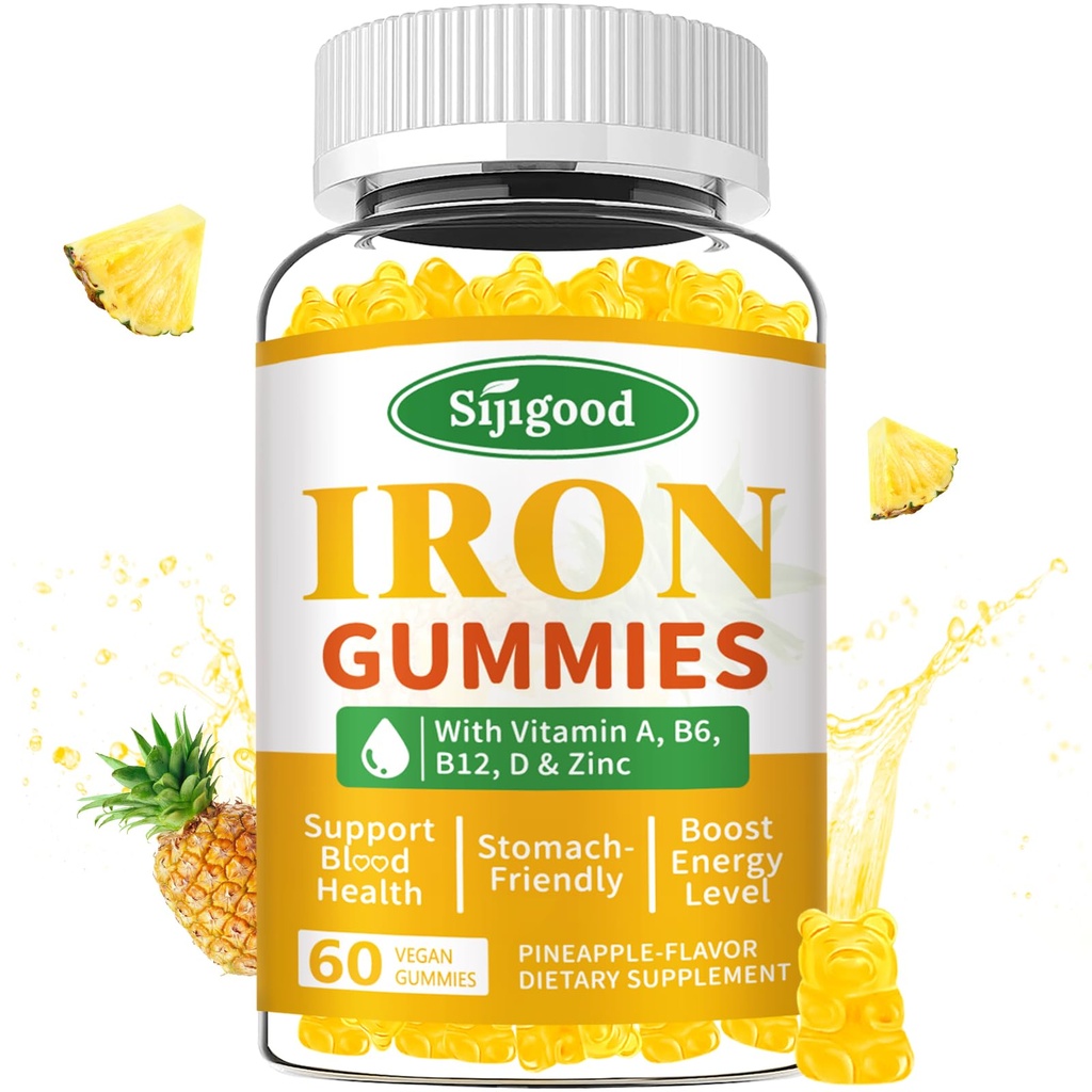 Gommies de fer pour les femmes et les hommes - Supplément de fer végétalien pour l'anémie et le déficit en fer, avec vitamine B12, vitamine C, zinc, folate - Boost énergétique, sans sucre, ananas, 60 Comte