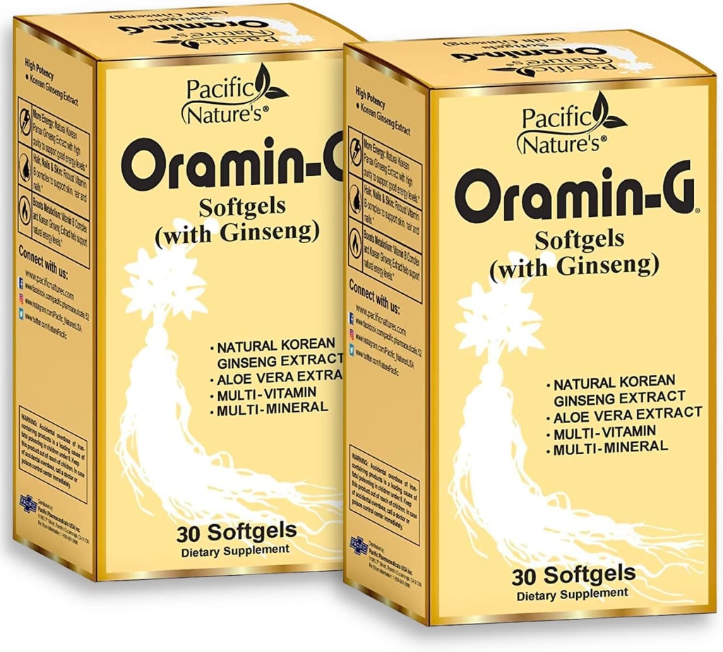 Oramine G (30 Softgels) de Pacific Nature avec Ginseng coréen, Aloe Vera, Complexe vitamine B et Zinc pour l'énergie, l'immunité et le soutien nutritionnel - Pack de 2