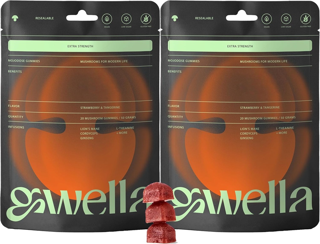 Gwella Focus Gummies avec Lion, Panax Ginseng, Ginger Root, Cordyceps, SAM-e, et Nootropics, supplément énergie et focus, Vegan, Strawberry Tangerine (20 comte - paquet de 2)