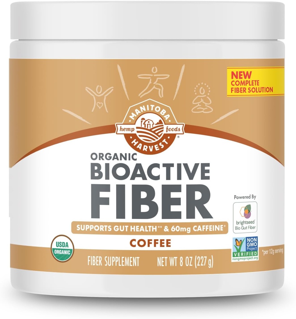 Manitoba Récolte BioActive Supplément de fibre biologique avec 6g de fibre par portion, Digestive Hemp & Psyllium Husk Powder, Non-OGM, Vegan et Kosher, 8oz, Café