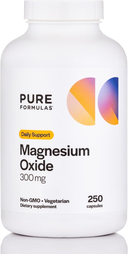 PureFormulas Oxyde de magnésium 300 mg – Coeur en santé, relaxation, soutien immunitaire, capsules végétales non OGM – 250 Nombre