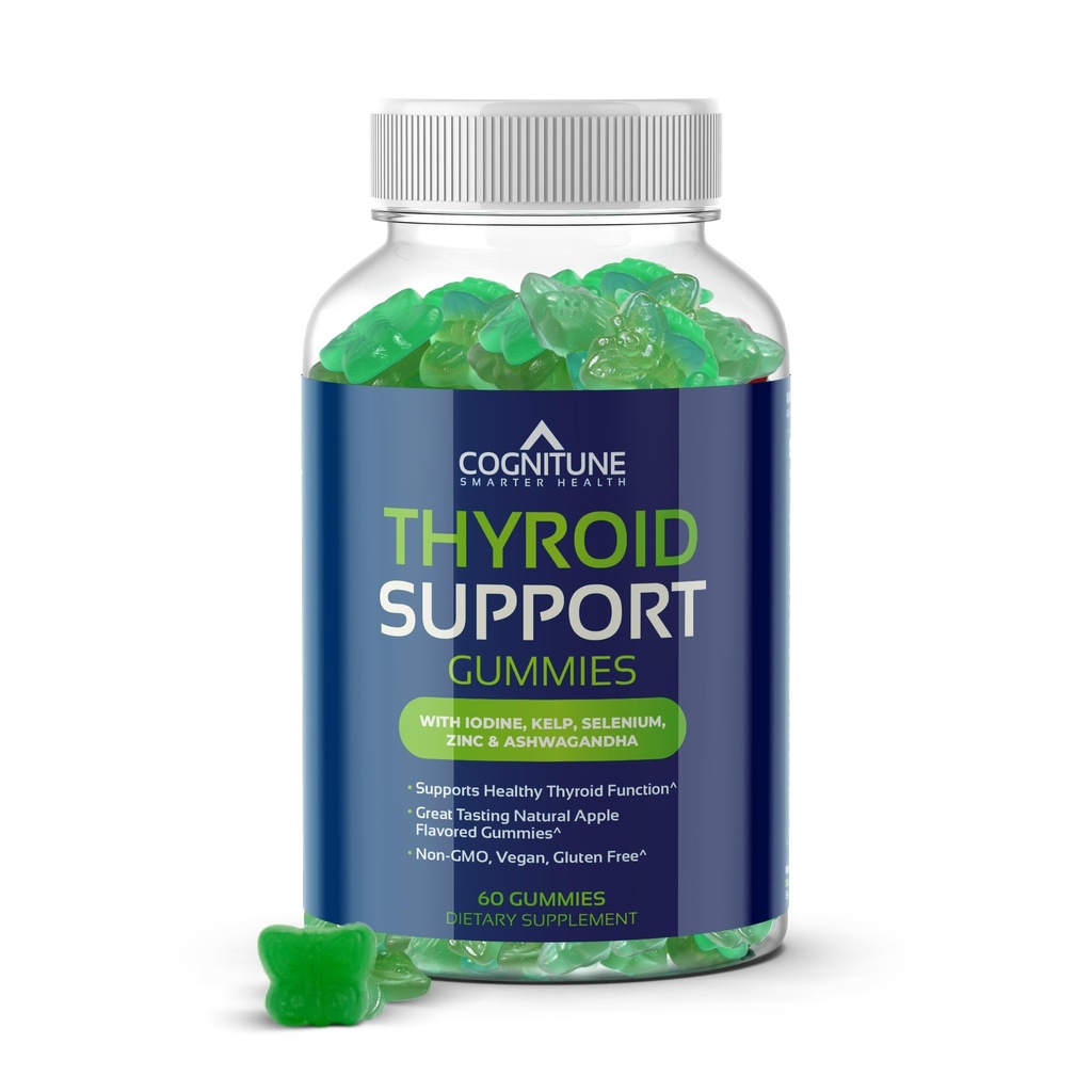 Gommies de soutien thyroïde pour les femmes et les hommes – non-OGM, végétalien, sans gluten, avec Iodine, Kelp, Ashwagandha, Zinc, Sélénium et plus – supplément naturel aux Gommes de thyroïde d'arôme de pomme pour l'hypothyroïdie