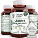 Oxyde de magnésium chélaté naturel Nutra 250 mg - Absorption élevée pour les os forts, la santé cardiaque, la stimulation énergétique, sans gluten, sans OGM, 180 comprimés (2 pack) dans des bouteilles de verre recyclables sans BPA