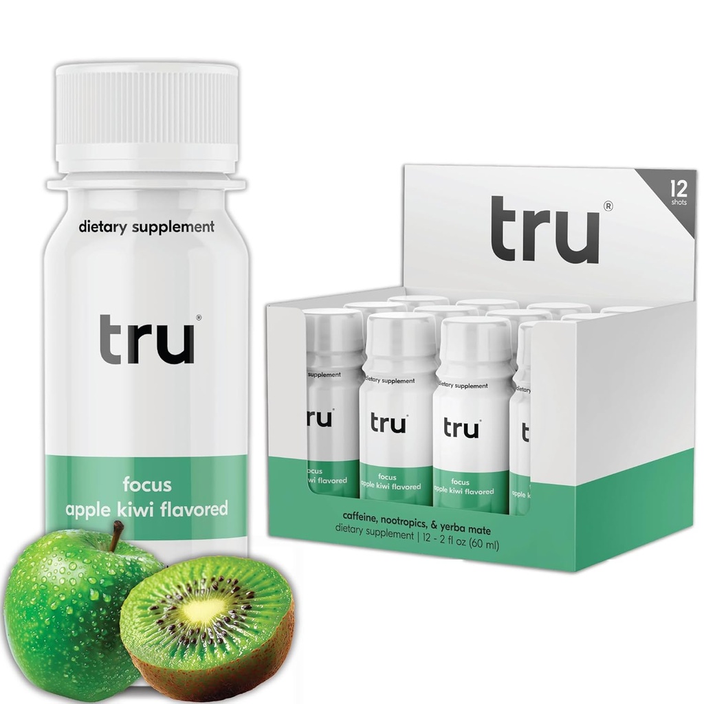 Tru Focus Shots, Nootropic Energy Drink avec Yerba Mate, L Theanine et caféine naturelle, Végétalien Wellness Shot avec Zero Sugar & Calories, sans gluten, Keto Friendly, Apple Kiwi Flavor, 2 FL OZ, 12 Pack
