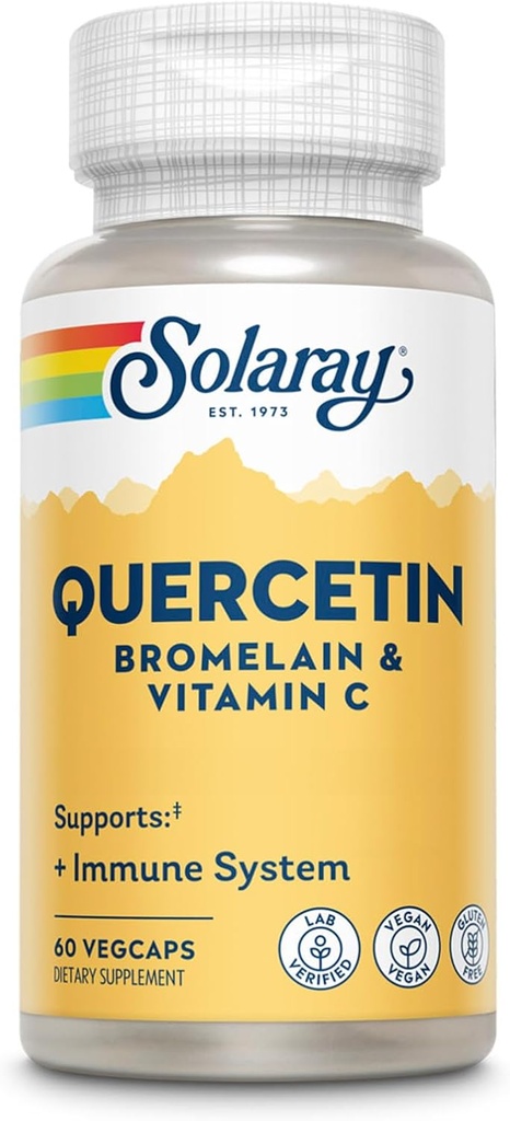 SOLARAY Quercetin avec Bromelain et vitamine C - Supplément de soutien immunitaire - Complexe antioxydant et de santé cardiaque avec Quercetin 500mg et 1235mg VIT C - Vegan, garantie de 60 jours, 30 portions, 60 VegCaps