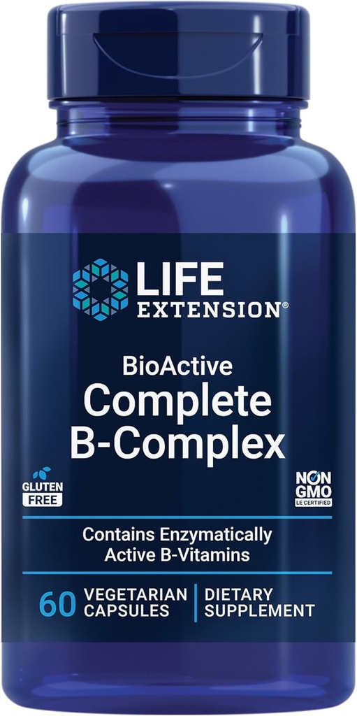 Prolongation de vie BioActive Complete B-Complex, Heart, Brain and Nerve Support, Énergie saine, Métabolisme, Complete B Complex, 60 Capsules Végétariennes