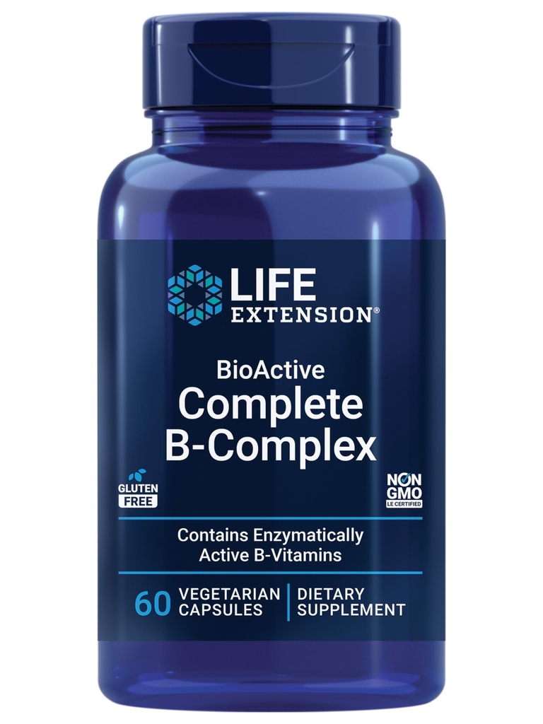 Prolongation de vie BioActive Complete B-Complex, Soutien du cœur, du cerveau et du nerf, Énergie saine, Métabolisme, Complexe B complet, 60 Capsules végétariennes